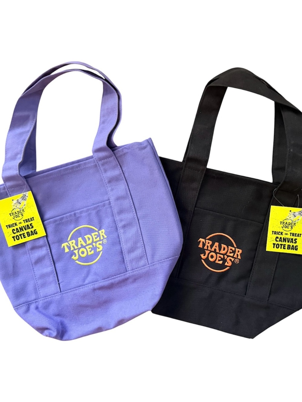 Trader Joe’s Trick-or-Treat Canvas Tote Bags Black Purple Halloween Set of 2 NWT